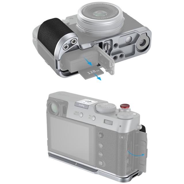 SMALLRIG 4555 L-SHAPE GRIP FOR FUJI X100VI/X100V SSmallRig L-formet greb til Fuji X100VI/X100V S, der viser SD-kort og porte.
